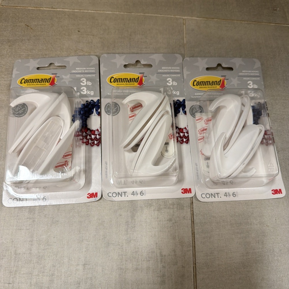 3M Command Medium Designer Hooks White 3lb Capacity 4 Pack Lot of 3 NEW